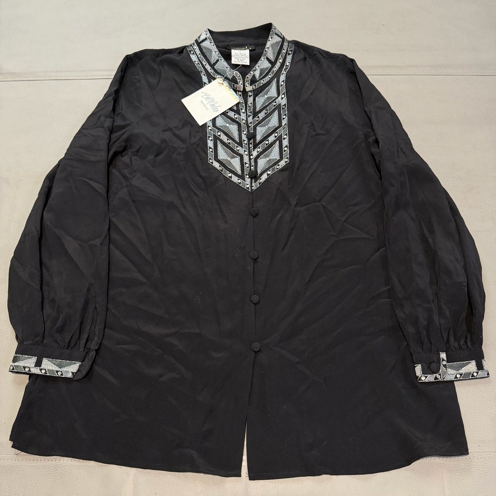 New Bob Mackie Wearable Art Black 100% Silk Embroider Tunic Blouse Top-L-5847